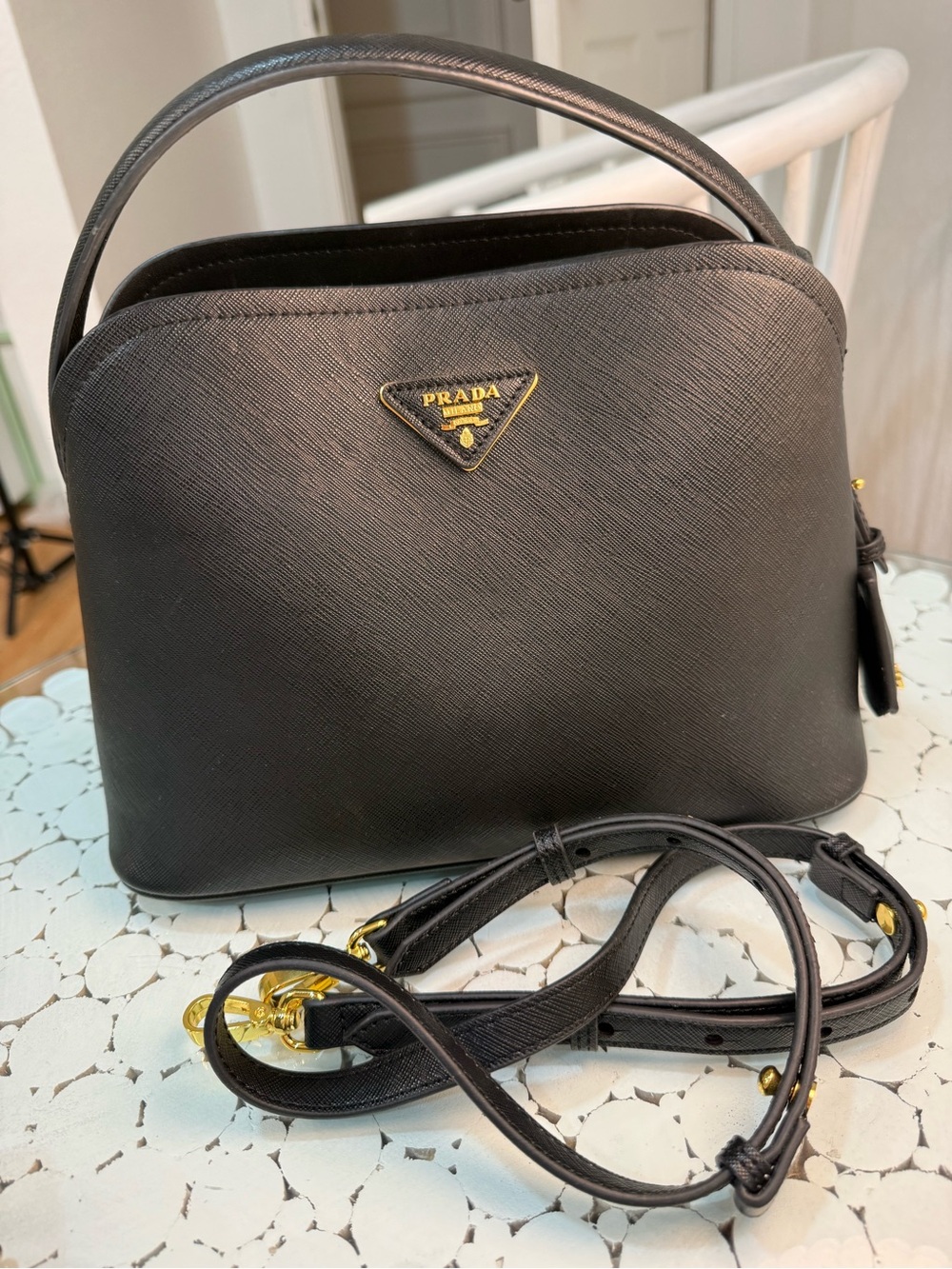 Prada Black Saffiano Leather Dome Satchel with Gold Hardware